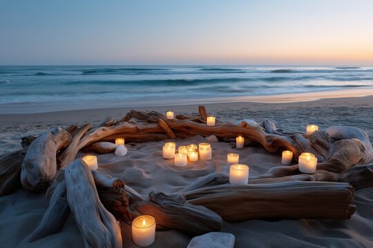 Peaceful ocean sunset with driftwood and candle arrangement on sandy beach - Powered by Adobe