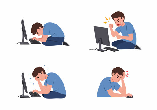 Young Man Experiencing Frustration, Stress, Headaches, and Poor Posture While Using Computer