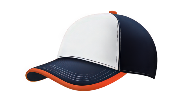 A baseball cap with a white front panel, a dark blue brim and sides, and an orange brim edge