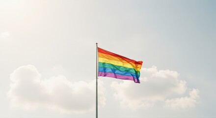 pride flag waving in clear blue sky signifies lgbtq+ community support and equality. colorful stripes against serene backdrop symbolize diversity and acceptance in inclusive world