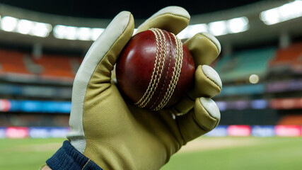 Cricket ball held by a gloved hand in a stadium, sports action, Cricket ball in the wicket keeper's hand