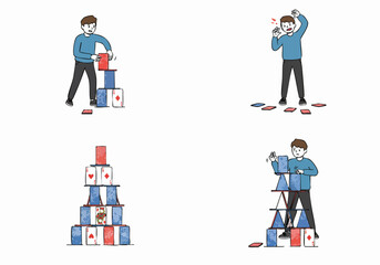 A man's journey of building and facing the collapse of a house of cards, illustrating fragility, effort, and the risk of failure.