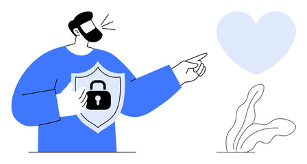 Bearded man holding shield with lock, pointing at heart with plant nearby. Ideal for trust, security, personal privacy, relationships, data protection, responsibility, simple flat metaphor