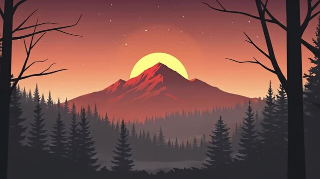 Silhouette mountain, orange sunset sky, and dark forest landscape vector art