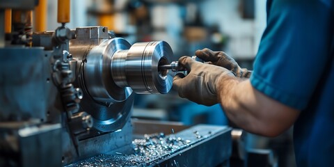 Skilled Machinist working with a metal lathe in a factory setting producing precision parts