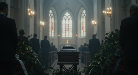 funeral ceremony church setting with mourners gathered around casket draped with floral arrangements. somber mood captured in gothic architecture and soft lighting, emphasizing reverence