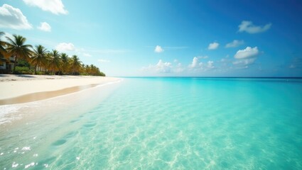 Obraz premium Pristine beach scene with turquoise water and palm trees.
