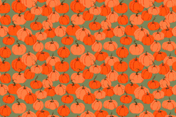 Seamless vector pattern with a dense pumpkin patch layout in vibrant orange shades on a muted green background. Ideal for fall, harvest, Thanksgiving, and seasonal designs
