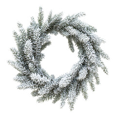 Flocked evergreen christmas wreath with snow accents isolated on transparent background