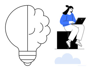 Woman sitting on a block, using a laptop, next to brain-lightbulb fusion symbol. Ideal for creativity, technology, problem-solving, innovation, brainstorming education productivity. Simple flat
