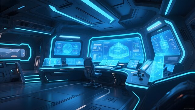 Futuristic Control Room with Advanced Holographic Displays and Ergonomic Workstations