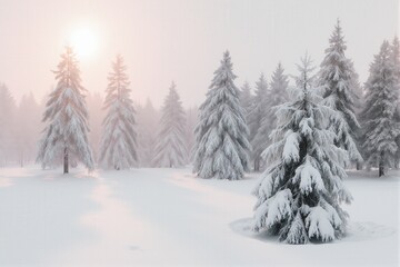 Fototapeta premium Snow-covered pine trees in a serene winter landscape with soft sunlight filtering through the mist