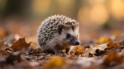 Fototapeta premium A small hedgehog exploring a forest floor covered with autumn leaves.