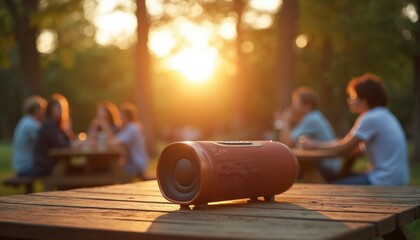 Portable speaker sits on wooden picnic table during sunset gathering. Friends enjoy music outdoors. Modern compact device offers clear loud bass quality sound. Wireless Bluetooth audio device perfect