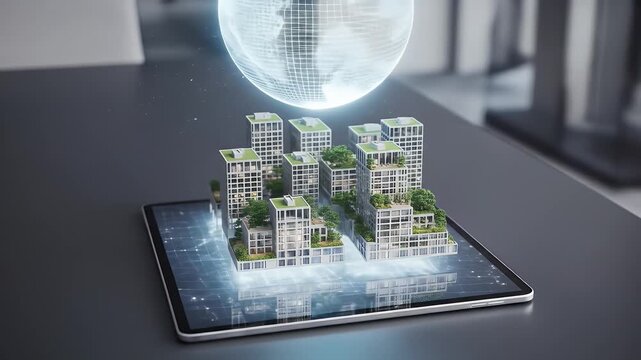 Tablet displays holographic city model with globe above - Powered by Adobe