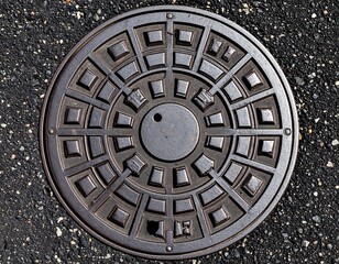 Round metal manhole cover on asphalt