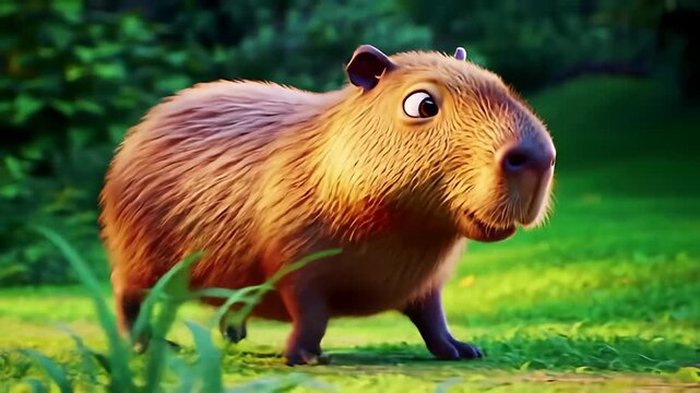 Cartoonish capybara with brown fur standing on green grass, foliage in the background