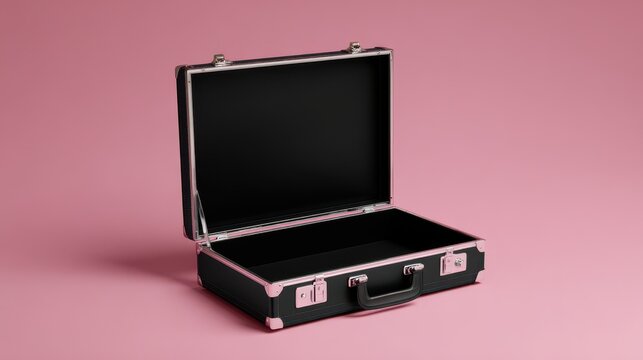 High definition photo of opened 3D black briefcase empty isolated on a color background.