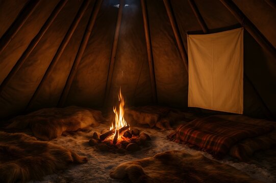 S&aacute;mi Lavvu Tent Interior with Fire, Blankets, and Copy Space for Text