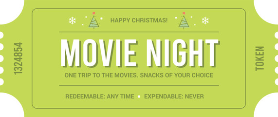 Christmas Reward Ticket or Coupon for Movie Night Vector Cutout Illustrated Template