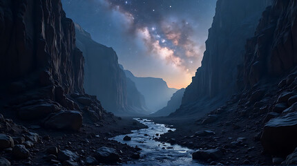 Mystical canyon river under the twilight sky with rocky landscape and stars