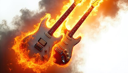 Two electric guitars engulfed in vibrant flames raw rock, roll energy, power. Realistic depiction of fiery guitars with smoke, representing intensity, passion, rebellious spirit of heavy music.