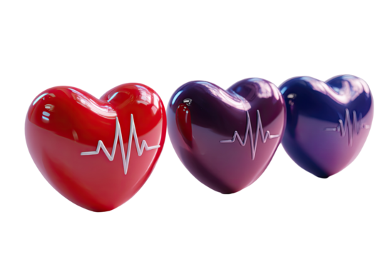 Three glossy hearts, varying shades of red and purple, display a heart rate monitor graphic