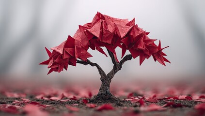 Fototapeta premium Red origami tree in misty forest