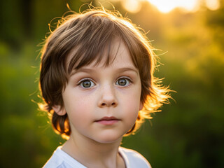 A curious child with wide eyes captured in a natural, sunlit portrai