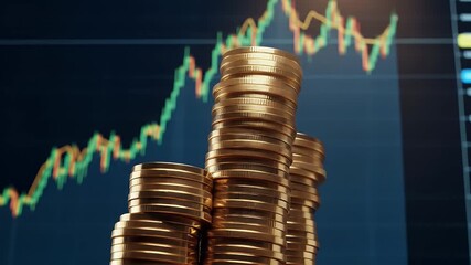 Stacks of gold coins in front of a green and red stock market graph - Powered by Adobe
