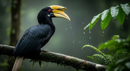 Hornbill on Branch in Rain