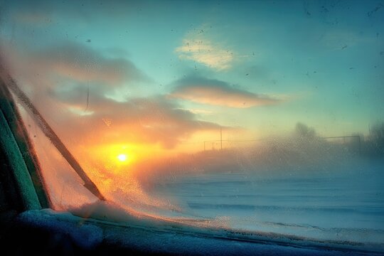 Snowy winter sunrise through a car window - Powered by Adobe