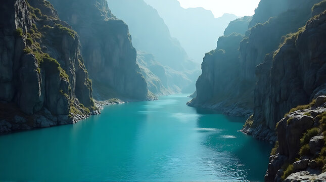 Magnificent turquoise lake nestled among rocky mountain cliffs under misty skies