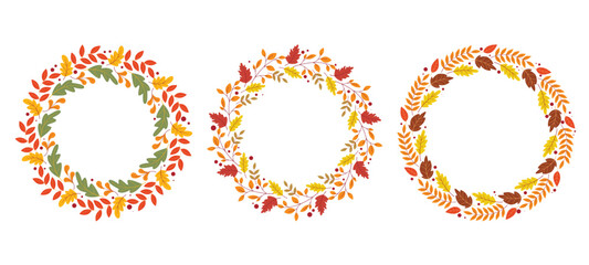 Autumn circular frame of leaves. Set of round foliate wreaths with cranberry berries.  Fall cozy atmospheric rims for seasonal cards, invitations, advertisements, booklets. Vector graphics