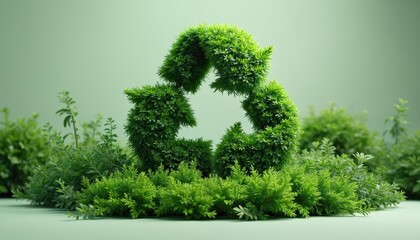 Three-dimensional illustration of recycling symbol crafted from green foliage. Symbol surrounded by abundant greenery, emphasizing organic growth, nature. Minimalist design represents eco-friendly