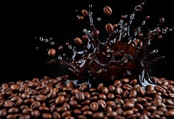 Dark brown coffee beans splashing into dark liquid, energy drink concept, studio, chocolate