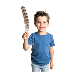 Joyful young boy with missing front tooth happily holds up a striped feather, embodying childhood curiosity and discovery in a vibrant, playful moment