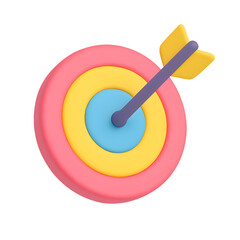3D colorful target icon with arrow hitting center, isolated on transparent background