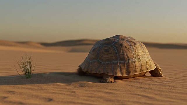 Turtle slowly walks through a desert landscape with sand dunes and scant grass