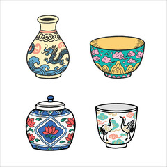 Hand-drawn vector set of four traditional Asian porcelain vessels vase, bowl, ginger jar, and teacup  decorated with dragons, cranes, lotus and cloud motifs