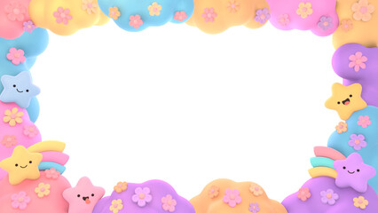 3D render kawaii stars and flowers frame on transparent background.