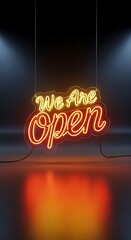 Glowing Neon Sign Displaying "We Are Open" with Reflection