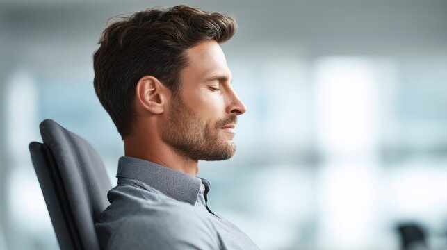 Meditative business professional modern office portrait photography calm environment side profile focus on relaxation techniques