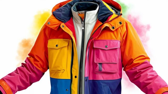 Vibrant outdoor jacket displayed in a dynamic pose, showcasing its colorful design and functional features, transitioning through various angles to highlight style and versatility in fashion