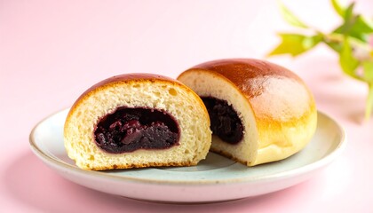 Delicious Anpan: Japanese Sweet Roll with Red Bean Paste Filling on Pink Background
