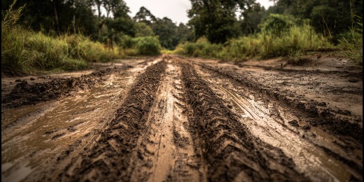 Muddy tire tracks on a forest road