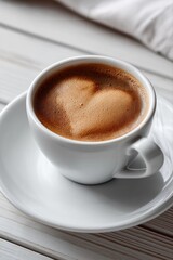 Fototapeta premium Heart-shaped latte art in white ceramic cup on wooden table