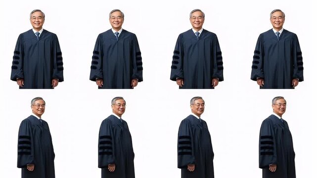 Grid of images of an older Asian man in dark blue academic robes, smiling kindly