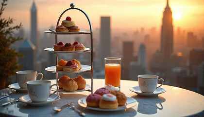 Enjoy luxury high tea on a rooftop overlooking city skyline during sunset glow. Fine teacups, pastries, and juice served on marble table. Perfect for branding hospitality, dining, special occasions.