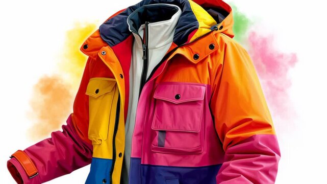 Colorful winter jacket displayed in a dynamic sequence, showcasing vibrant hues and stylish design elements, highlighting the unique features and textures of the garment in a visually engaging manner
